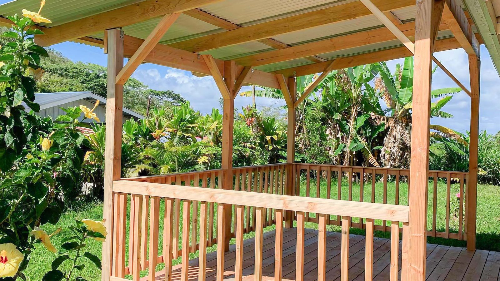 Outdoor covered deck unpainted